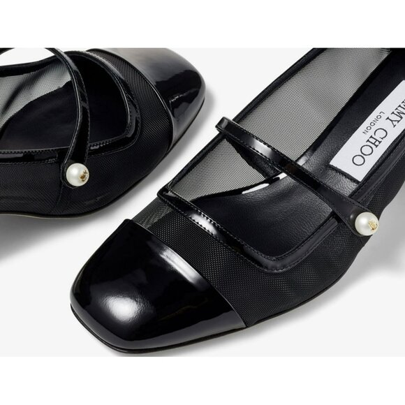 Jimmy Choo Elisa Black Mesh Pearl Mary Jane Sz 38 NEW - Picture 2 of 12